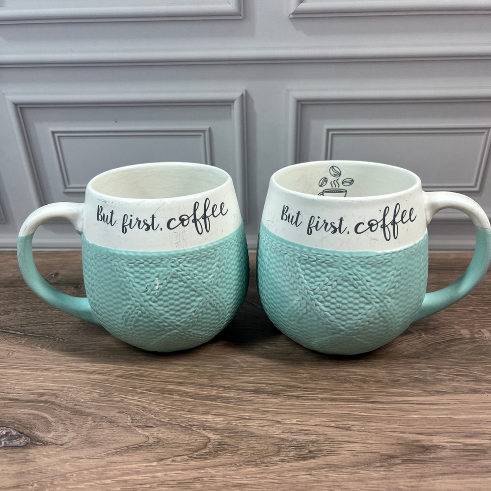 Belle Maison Coffee Mug Set 2 16oz Teal White Knit Texture But First Coffee